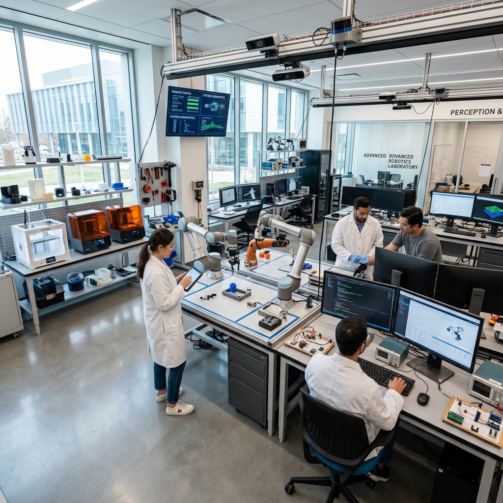 Applied Robotics Lab research workspace showing robotic arm testing and electronics setup